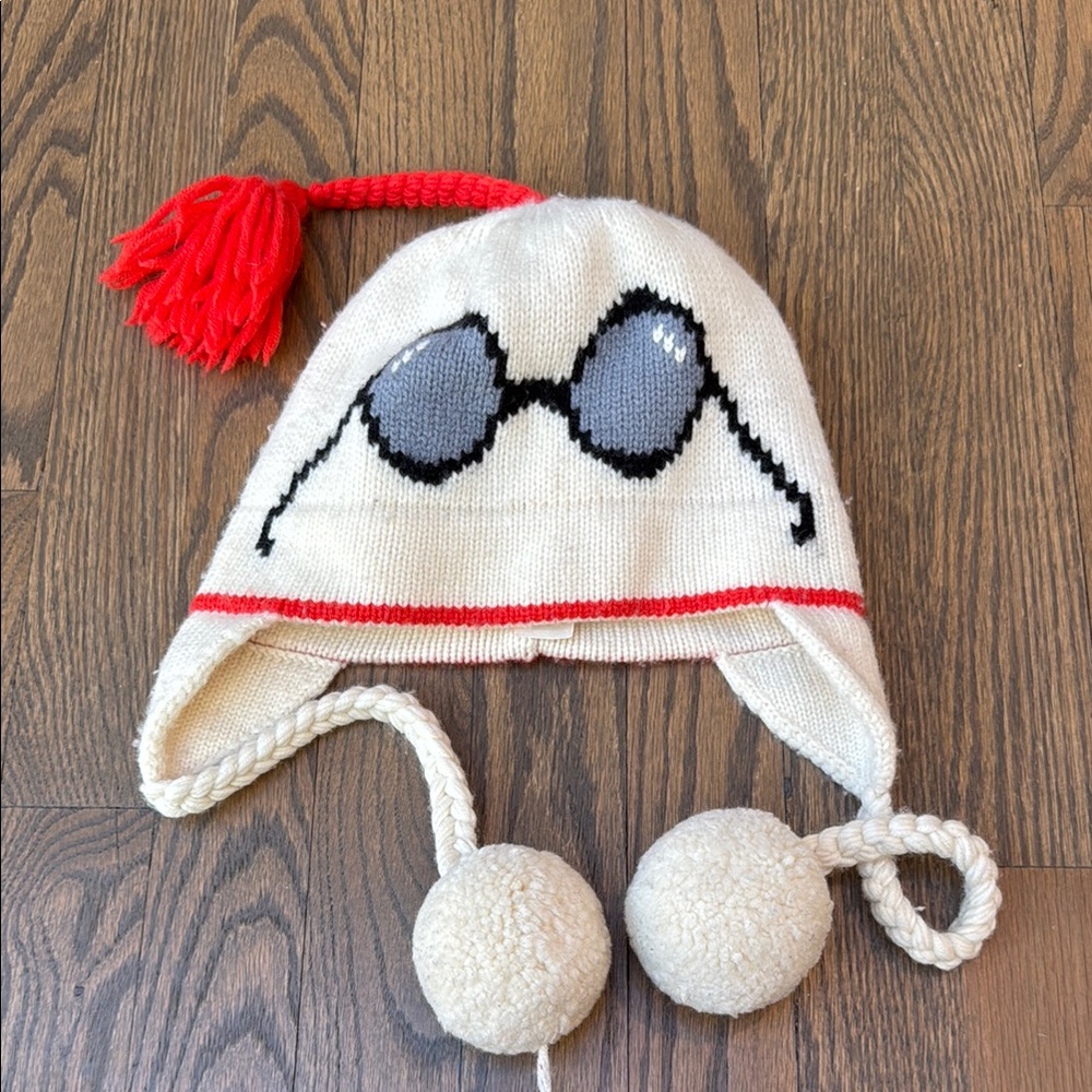 Kate Spade Knit Hat with Sunglasses Design w/ Red Tassel & Pom Poms